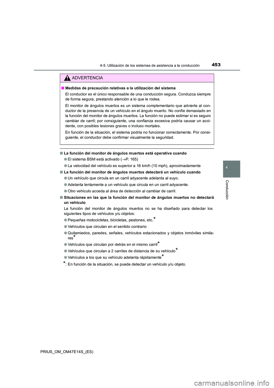 TOYOTA PRIUS 2021  Manual del propietario (in Spanish) 4534-5. Utilización de los sistemas de asistencia a la conducción
4
Conducción
PRIUS_OM_OM47E14S_(ES)
�QLa función del monitor de ángulos muertos está operativa cuando 
�O El sistema BSM está a