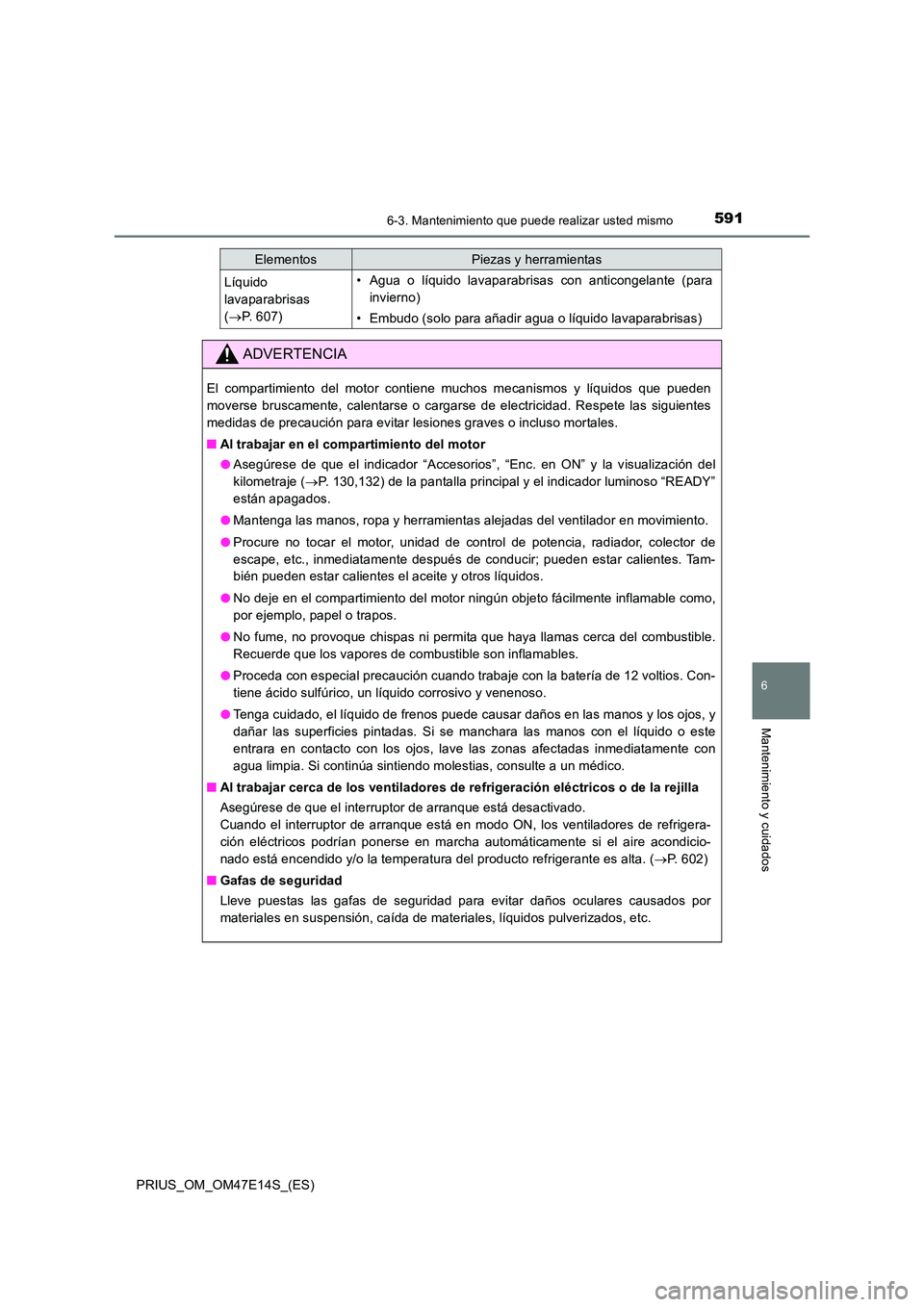 TOYOTA PRIUS 2021  Manual del propietario (in Spanish) 5916-3. Mantenimiento que puede realizar usted mismo
PRIUS_OM_OM47E14S_(ES)
6
Mantenimiento y cuidados
Líquido  
lavaparabrisas  
( P. 607)
• Agua  o  líquido  lavaparabrisas  con  anticongelan