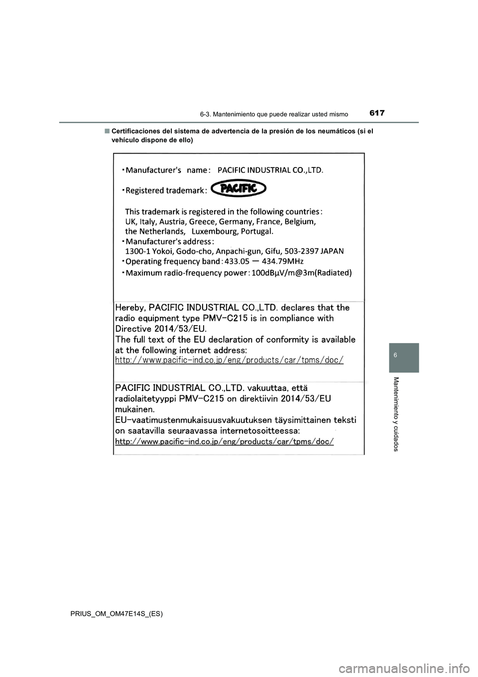 TOYOTA PRIUS 2021  Manual del propietario (in Spanish) 6176-3. Mantenimiento que puede realizar usted mismo
PRIUS_OM_OM47E14S_(ES)
6
Mantenimiento y cuidados
�QCertificaciones del sistema de advertencia de la presión de los neumáticos (si el
vehículo d