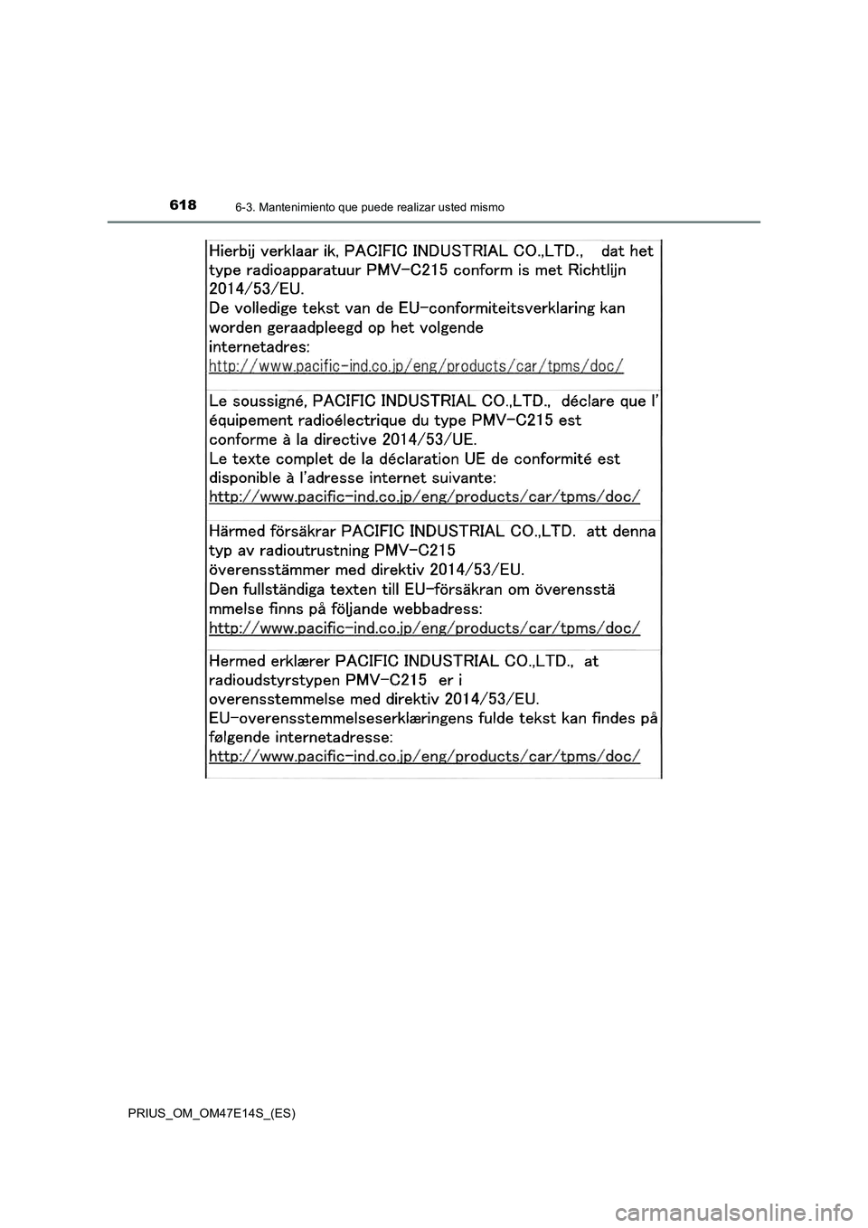 TOYOTA PRIUS 2021  Manual del propietario (in Spanish) 6186-3. Mantenimiento que puede realizar usted mismo
PRIUS_OM_OM47E14S_(ES) 