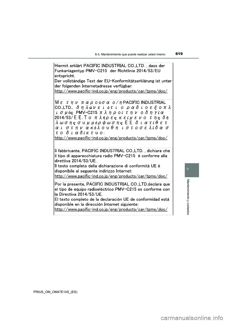 TOYOTA PRIUS 2021  Manual del propietario (in Spanish) 6196-3. Mantenimiento que puede realizar usted mismo
PRIUS_OM_OM47E14S_(ES)
6
Mantenimiento y cuidados 