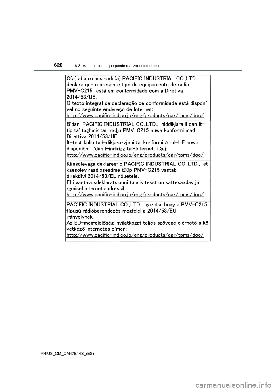 TOYOTA PRIUS 2021  Manual del propietario (in Spanish) 6206-3. Mantenimiento que puede realizar usted mismo
PRIUS_OM_OM47E14S_(ES) 