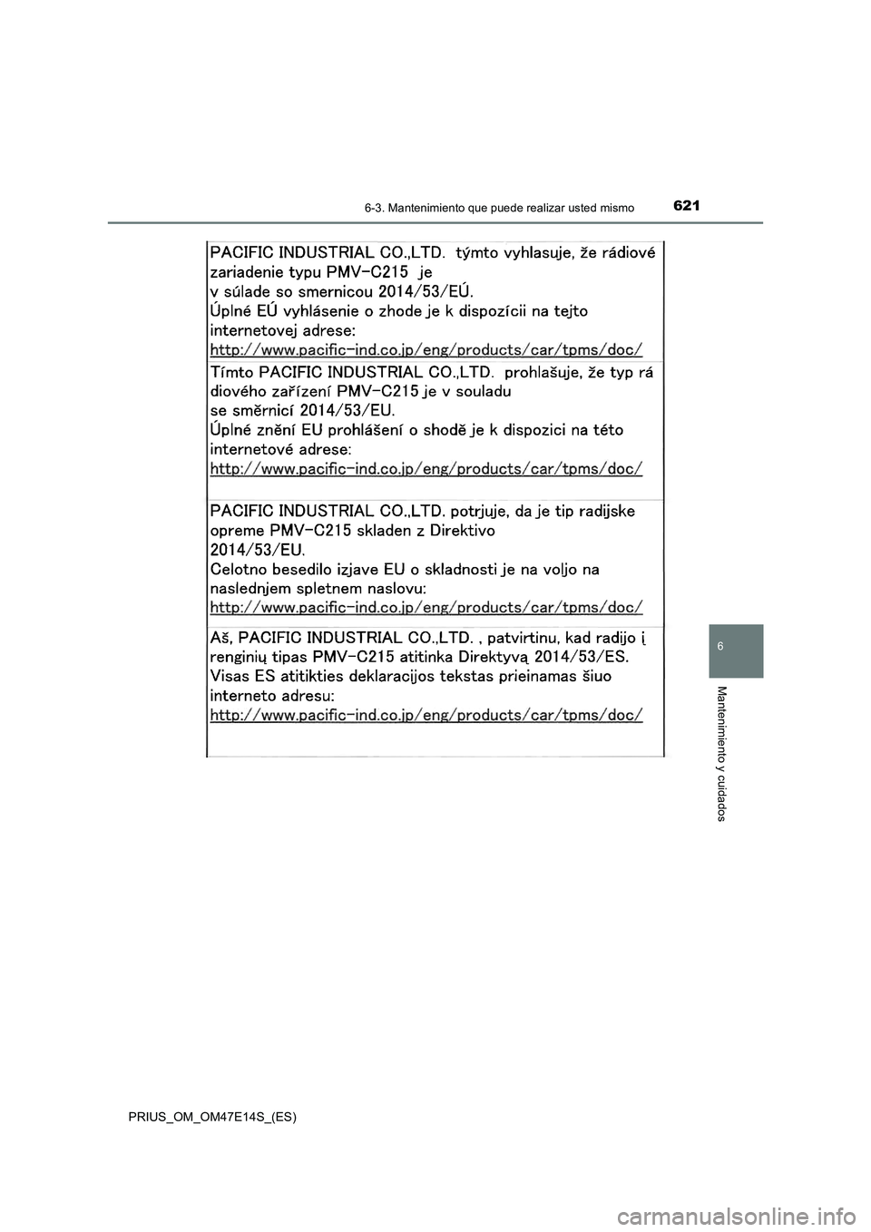 TOYOTA PRIUS 2021  Manual del propietario (in Spanish) 6216-3. Mantenimiento que puede realizar usted mismo
PRIUS_OM_OM47E14S_(ES)
6
Mantenimiento y cuidados 