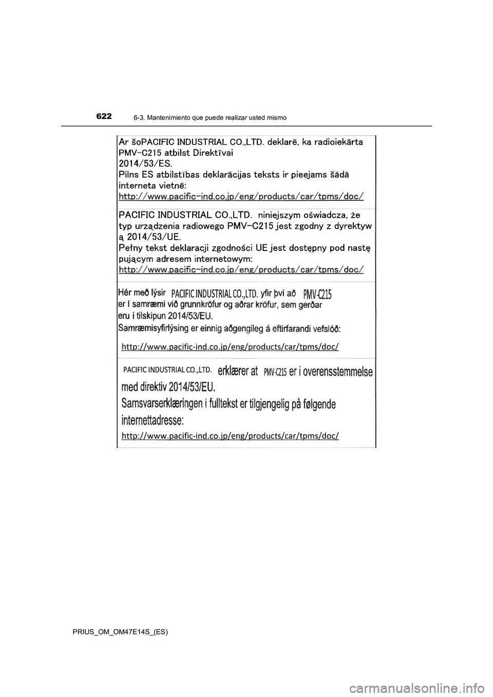 TOYOTA PRIUS 2021  Manual del propietario (in Spanish) 6226-3. Mantenimiento que puede realizar usted mismo
PRIUS_OM_OM47E14S_(ES) 
