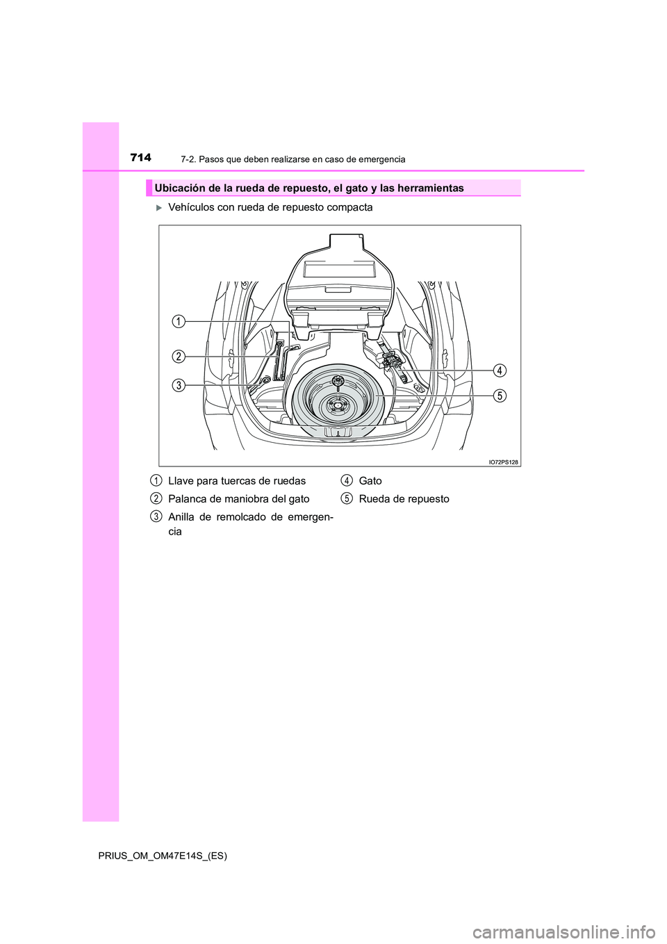 TOYOTA PRIUS 2021  Manual del propietario (in Spanish) 7147-2. Pasos que deben realizarse en caso de emergencia
PRIUS_OM_OM47E14S_(ES)
Vehículos con rueda de repuesto compacta
Ubicación de la rueda de repuesto, el gato y las herramientas
Llave para t