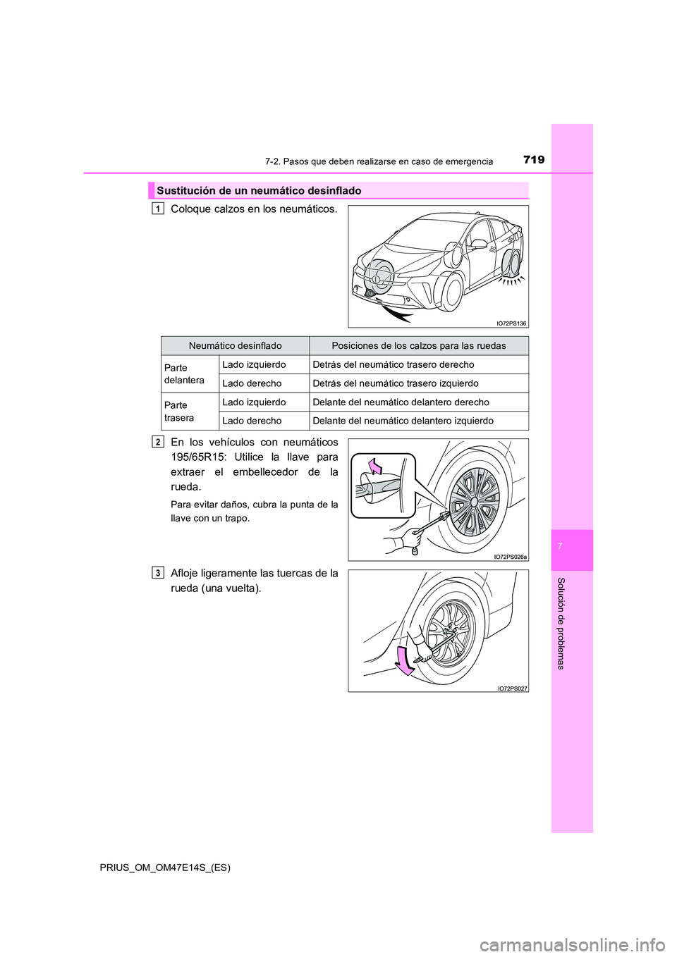 TOYOTA PRIUS 2021  Manual del propietario (in Spanish) 7197-2. Pasos que deben realizarse en caso de emergencia
PRIUS_OM_OM47E14S_(ES)
7
Solución de problemas
Coloque calzos en los neumáticos. 
En  los  vehículos  con  neumáticos 
195/65R15:  Utilice 
