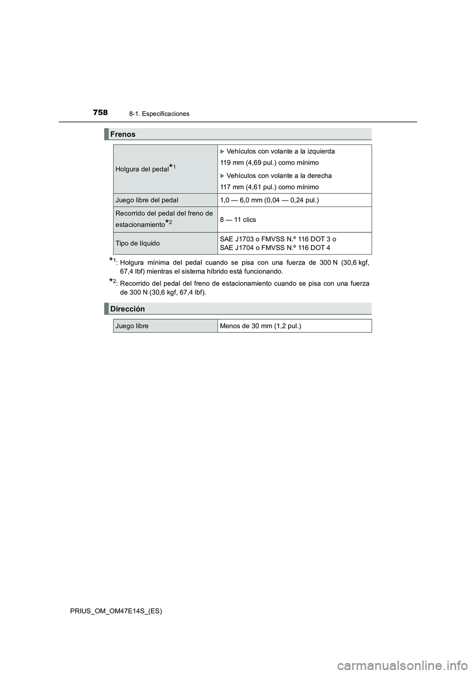 TOYOTA PRIUS 2021  Manual del propietario (in Spanish) 7588-1. Especificaciones
PRIUS_OM_OM47E14S_(ES)
*1: Holgura  mínima  del  pedal  cuando  se  pisa  con  una  fuerza  de  300 N (30,6 kgf,
67,4 lbf) mientras el sistema híbrido está funcionando.
*2: