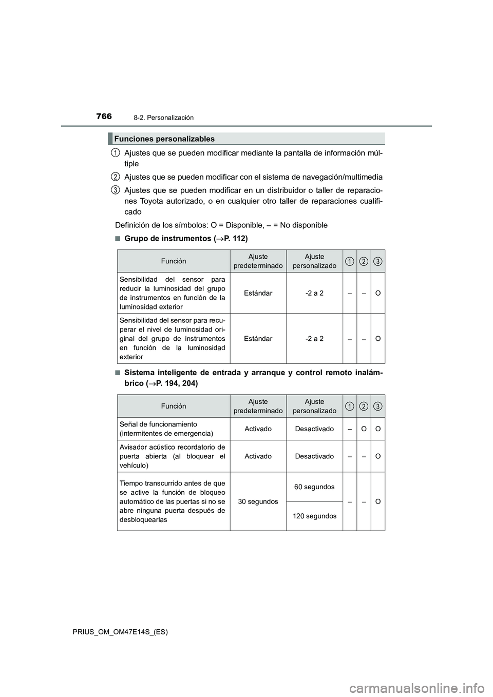 TOYOTA PRIUS 2021  Manual del propietario (in Spanish) 7668-2. Personalización
PRIUS_OM_OM47E14S_(ES)
Ajustes que se pueden modificar mediante la pantalla de información múl-
tiple
Ajustes que se pueden modificar con el sistema de navegación/multimedi