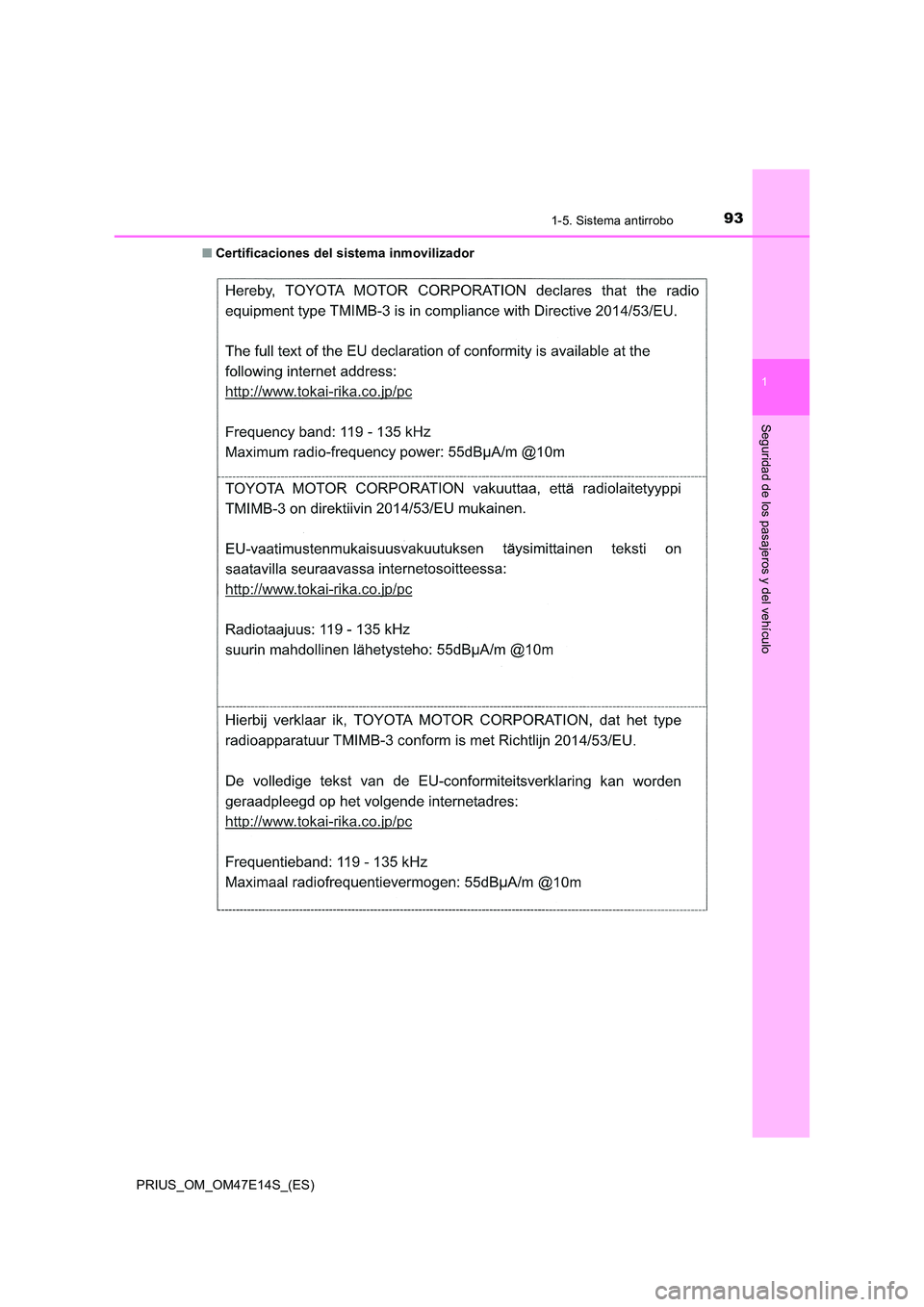 TOYOTA PRIUS 2021  Manual del propietario (in Spanish) 931-5. Sistema antirrobo
1
PRIUS_OM_OM47E14S_(ES)
Seguridad de los pasajeros y del vehículo
�QCertificaciones del sistema inmovilizador 