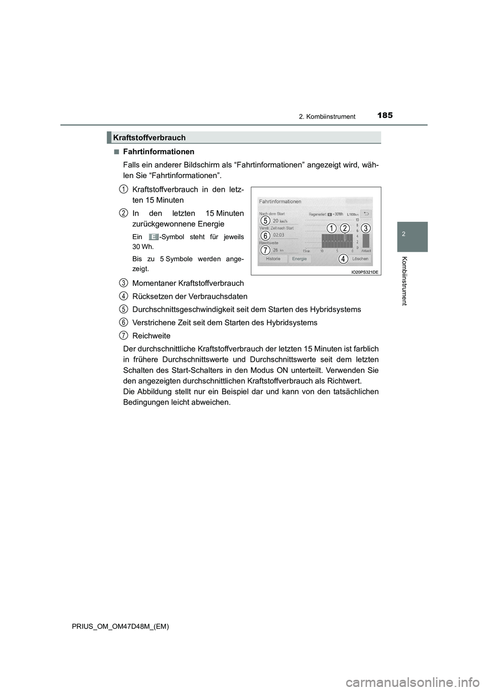 TOYOTA PRIUS 2020  Betriebsanleitungen (in German) 1852. Kombiinstrument
2
Kombiinstrument
PRIUS_OM_OM47D48M_(EM)■
Fahrtinformationen
Falls ein anderer Bildschirm als “Fahrtinformationen” angezeigt wird, wäh-
len Sie “Fahrtinformationen”.
K
