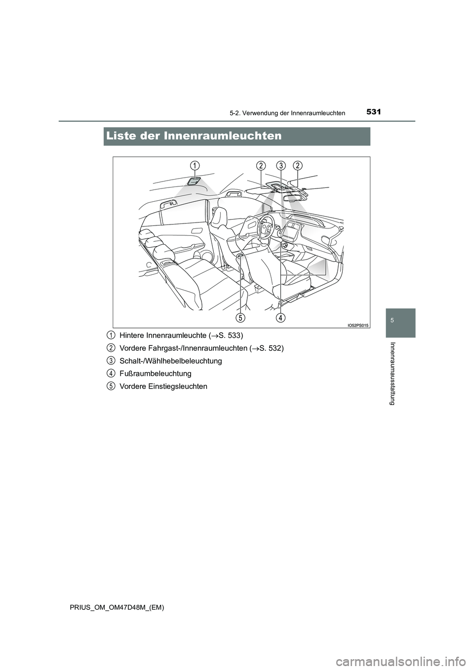 TOYOTA PRIUS 2020  Betriebsanleitungen (in German) 5315-2. Verwendung der Innenraumleuchten
PRIUS_OM_OM47D48M_(EM)
5
Innenraumausstattung
Liste der Innenraumleuchten
Hintere Innenraumleuchte (S. 533)
Vordere Fahrgast-/Innenraumleuchten (S. 532)
