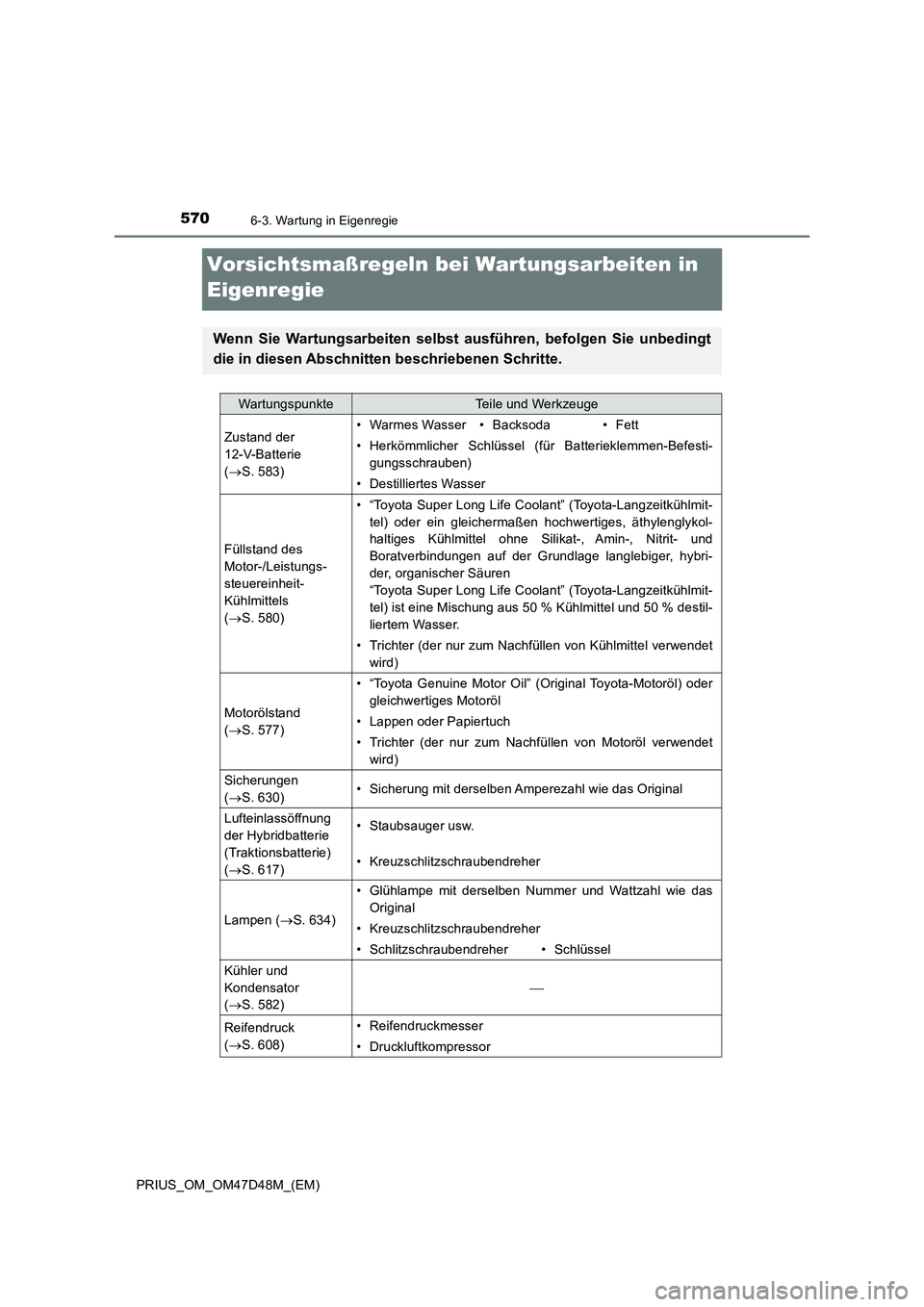 TOYOTA PRIUS 2020 Betriebsanleitungen (in German) 5706-3. Wartung in Eigenregie
PRIUS_OM_OM47D48M_(EM)
Vorsichtsmaßregeln bei Wartungsarbeiten in
Eigenregie
Wenn Sie Wartungsarbeiten selbst ausführen, befolgen Sie unbedingt
die in diesen Abschnitt TOYOTA PRIUS 2020 Betriebsanleitungen (in German) 5706-3. Wartung in Eigenregie
PRIUS_OM_OM47D48M_(EM)
Vorsichtsmaßregeln bei Wartungsarbeiten in
Eigenregie
Wenn Sie Wartungsarbeiten selbst ausführen, befolgen Sie unbedingt
die in diesen Abschnitt