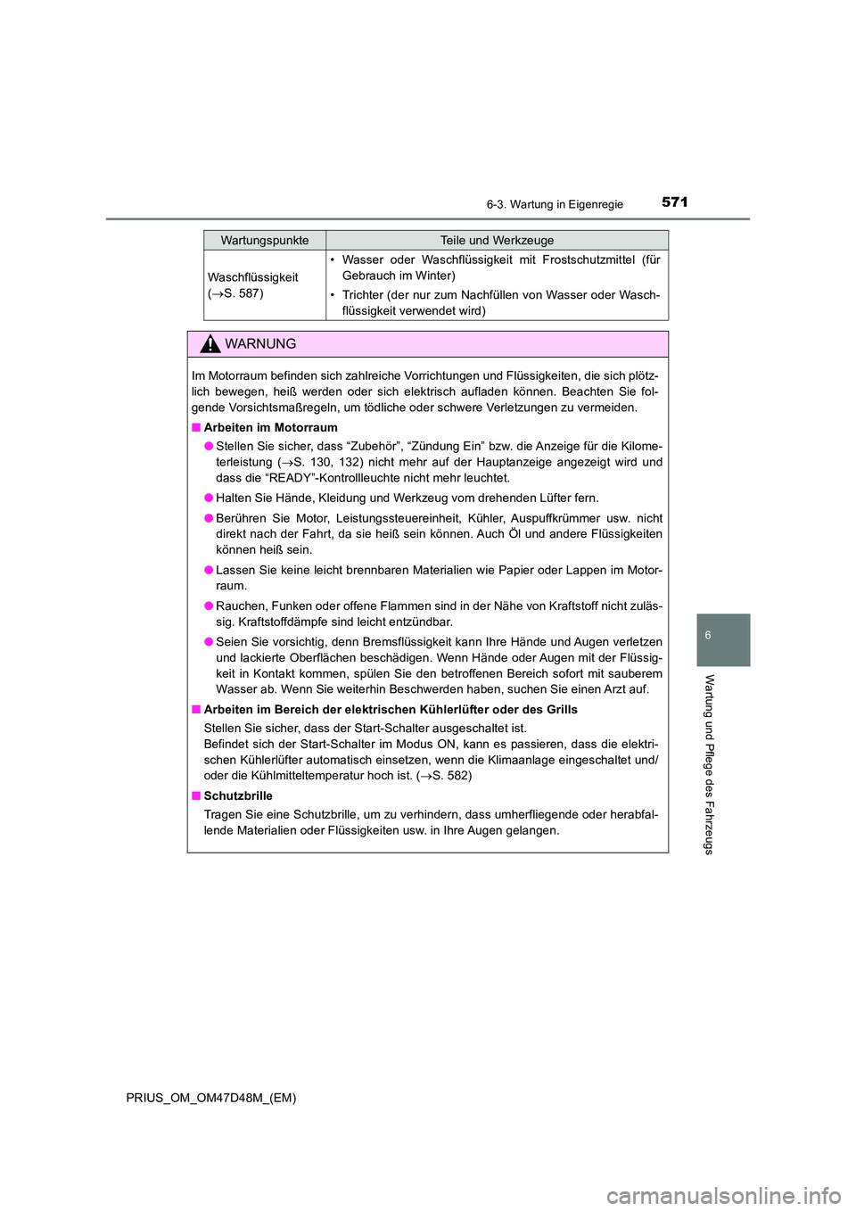 TOYOTA PRIUS 2020 Betriebsanleitungen (in German) 5716-3. Wartung in Eigenregie
PRIUS_OM_OM47D48M_(EM)
6
Wartung und Pflege des Fahrzeugs
Waschflüssigkeit
( S. 587)
• Wasser oder Waschflüssigkeit mit Frostschutzmittel (für
Gebrauch im Wint TOYOTA PRIUS 2020 Betriebsanleitungen (in German) 5716-3. Wartung in Eigenregie
PRIUS_OM_OM47D48M_(EM)
6
Wartung und Pflege des Fahrzeugs
Waschflüssigkeit
( S. 587)
• Wasser oder Waschflüssigkeit mit Frostschutzmittel (für
Gebrauch im Wint