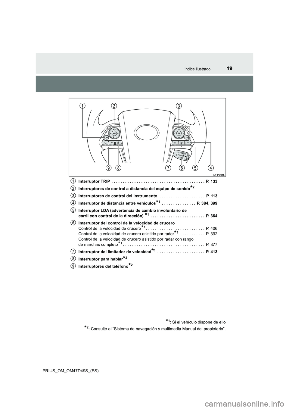 TOYOTA PRIUS 2020 Manual del propietario (in Spanish) 19Índice ilustrado
PRIUS_OM_OM47D49S_(ES)Interruptor TRIP . . . . . . . . . . . . . . . . . . . . . . . . . . . . . . . . . . . . . . . . . P. 133
Interruptores de control a distancia del equipo de TOYOTA PRIUS 2020 Manual del propietario (in Spanish) 19Índice ilustrado
PRIUS_OM_OM47D49S_(ES)Interruptor TRIP . . . . . . . . . . . . . . . . . . . . . . . . . . . . . . . . . . . . . . . . . P. 133
Interruptores de control a distancia del equipo de
