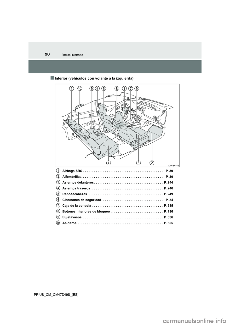 TOYOTA PRIUS 2020 Manual del propietario (in Spanish) 20Índice ilustrado
PRIUS_OM_OM47D49S_(ES)
■Interior (vehículos con volante a la izquierda)
Airbags SRS . . . . . . . . . . . . . . . . . . . . . . . . . . . . . . . . . . . . . . . . . . . . . P. TOYOTA PRIUS 2020 Manual del propietario (in Spanish) 20Índice ilustrado
PRIUS_OM_OM47D49S_(ES)
■Interior (vehículos con volante a la izquierda)
Airbags SRS . . . . . . . . . . . . . . . . . . . . . . . . . . . . . . . . . . . . . . . . . . . . . P.