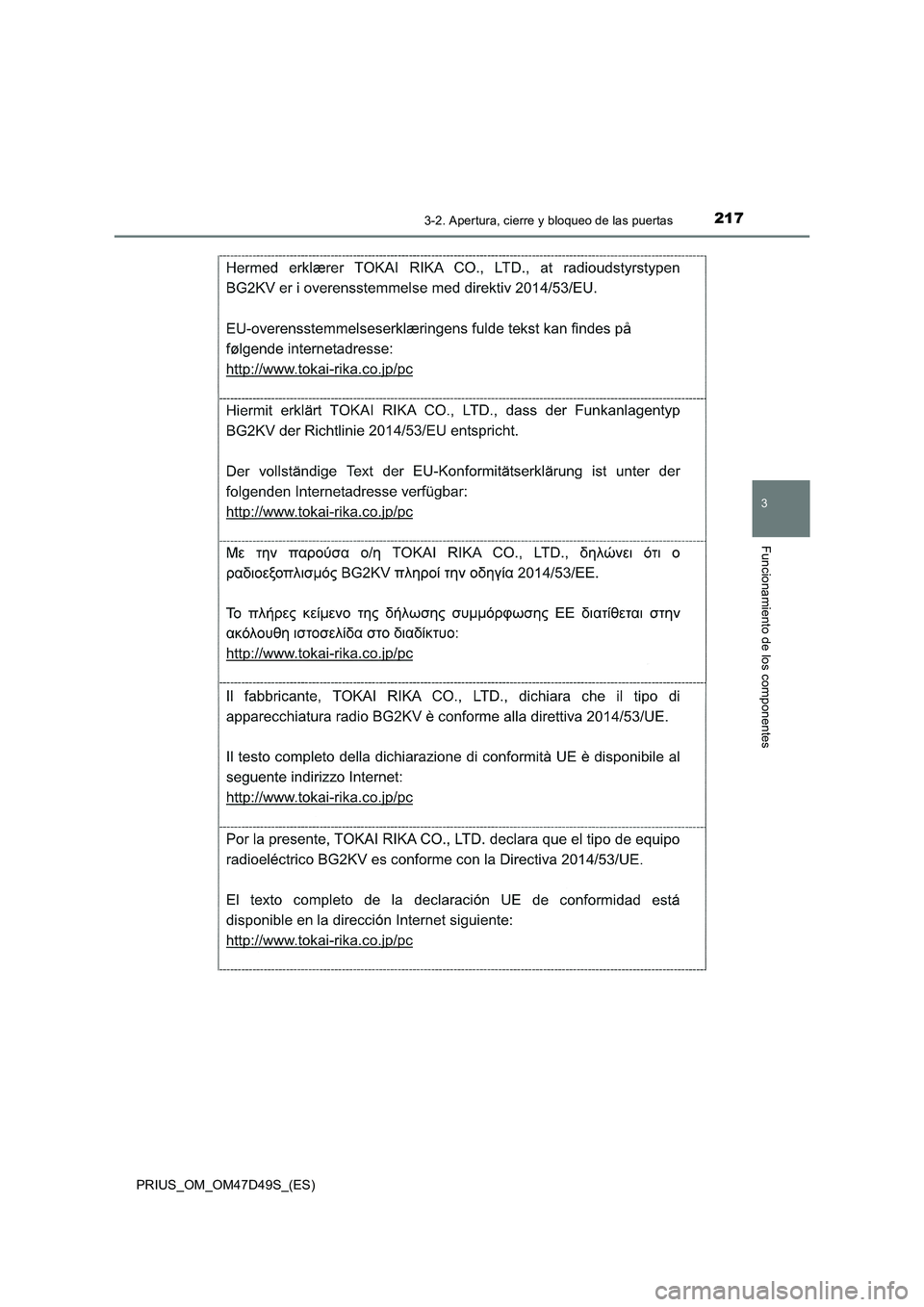 TOYOTA PRIUS 2020  Manual del propietario (in Spanish) 2173-2. Apertura, cierre y bloqueo de las puertas
3
Funcionamiento de los componentes
PRIUS_OM_OM47D49S_(ES) 