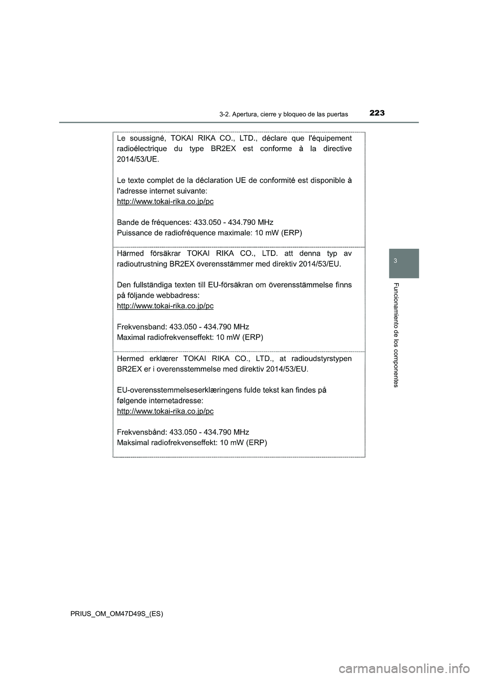TOYOTA PRIUS 2020  Manual del propietario (in Spanish) 2233-2. Apertura, cierre y bloqueo de las puertas
3
Funcionamiento de los componentes
PRIUS_OM_OM47D49S_(ES) 