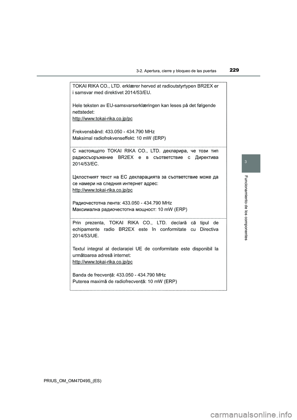 TOYOTA PRIUS 2020  Manual del propietario (in Spanish) 2293-2. Apertura, cierre y bloqueo de las puertas
3
Funcionamiento de los componentes
PRIUS_OM_OM47D49S_(ES) 