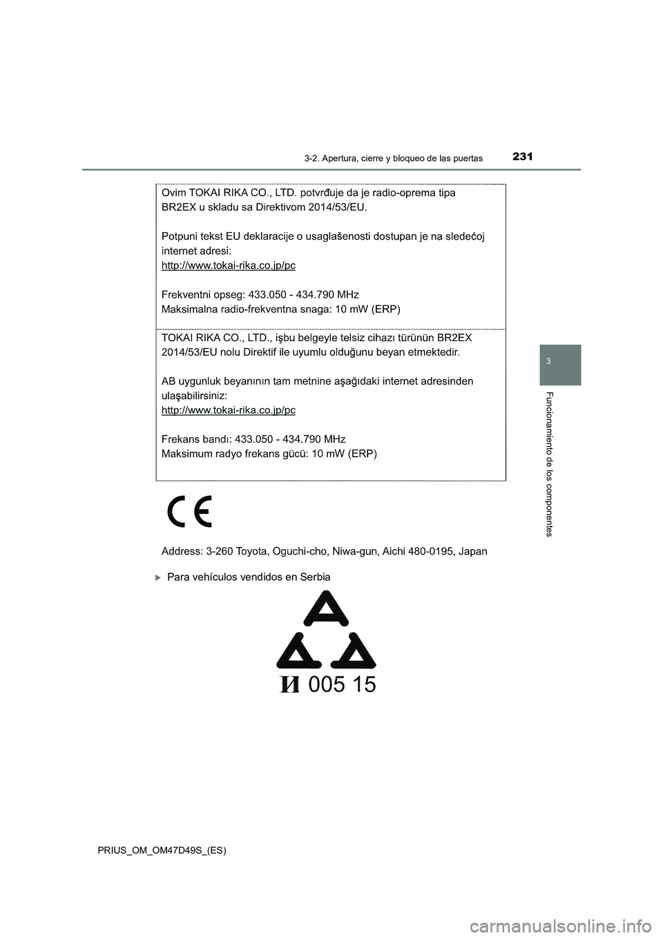 TOYOTA PRIUS 2020  Manual del propietario (in Spanish) 2313-2. Apertura, cierre y bloqueo de las puertas
3
Funcionamiento de los componentes
PRIUS_OM_OM47D49S_(ES)
Para vehículos vendidos en Serbia 