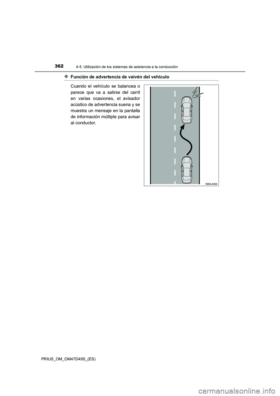 TOYOTA PRIUS 2020  Manual del propietario (in Spanish) 3624-5. Utilización de los sistemas de asistencia a la conducción
PRIUS_OM_OM47D49S_(ES)
◆Función de advertencia de vaivén del vehículo
Cuando el vehículo se balancea o
parece que va a salirse