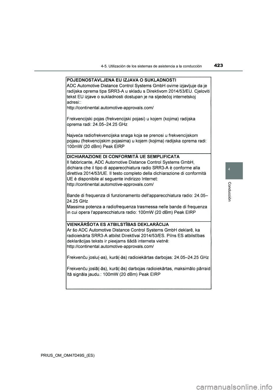 TOYOTA PRIUS 2020  Manual del propietario (in Spanish) 4234-5. Utilización de los sistemas de asistencia a la conducción
4
Conducción
PRIUS_OM_OM47D49S_(ES) 
