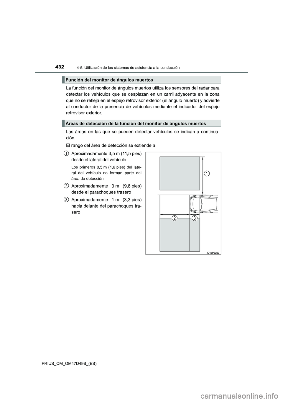 TOYOTA PRIUS 2020  Manual del propietario (in Spanish) 4324-5. Utilización de los sistemas de asistencia a la conducción
PRIUS_OM_OM47D49S_(ES)
La función del monitor de ángulos muertos utiliza los sensores del radar para
detectar los vehículos que s