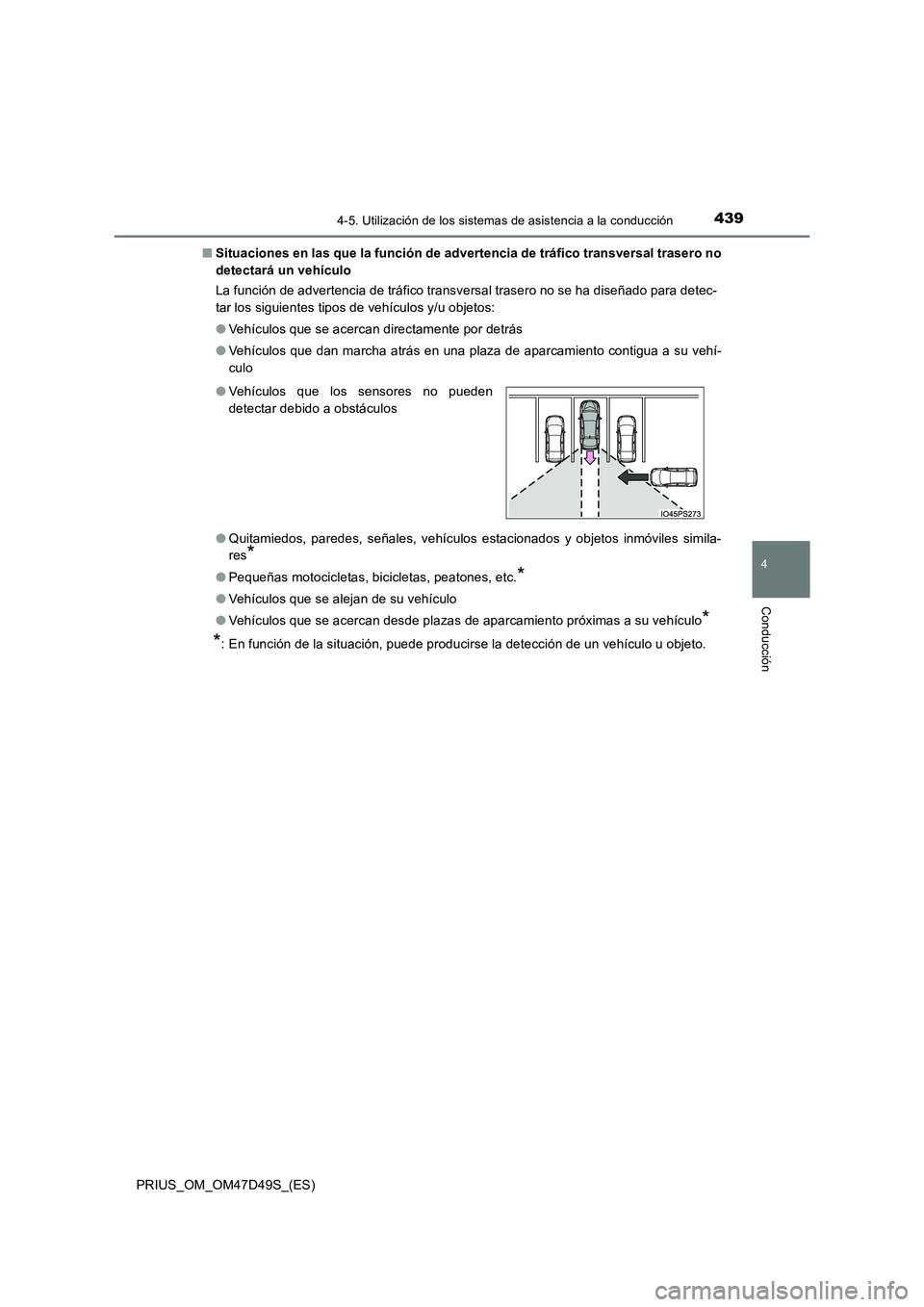TOYOTA PRIUS 2020  Manual del propietario (in Spanish) 4394-5. Utilización de los sistemas de asistencia a la conducción
4
Conducción
PRIUS_OM_OM47D49S_(ES) 
■ Situaciones en las que la función de advertencia de tráfico transversal trasero no 
dete