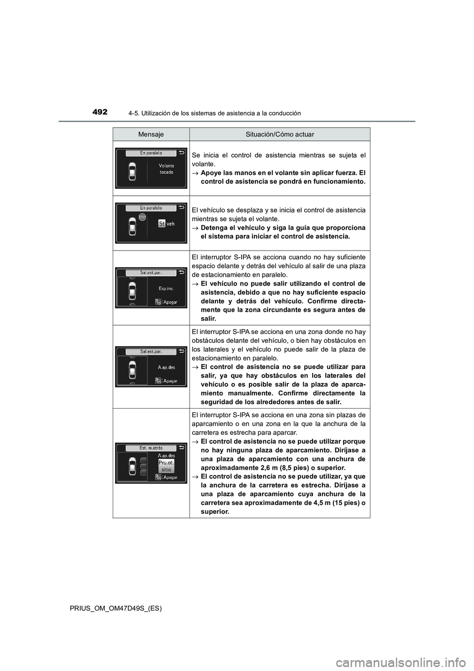 TOYOTA PRIUS 2020  Manual del propietario (in Spanish) 4924-5. Utilización de los sistemas de asistencia a la conducción
PRIUS_OM_OM47D49S_(ES)
Se inicia el control de asistencia mientras se sujeta el
volante.
Apoye las manos en el volante sin aplica