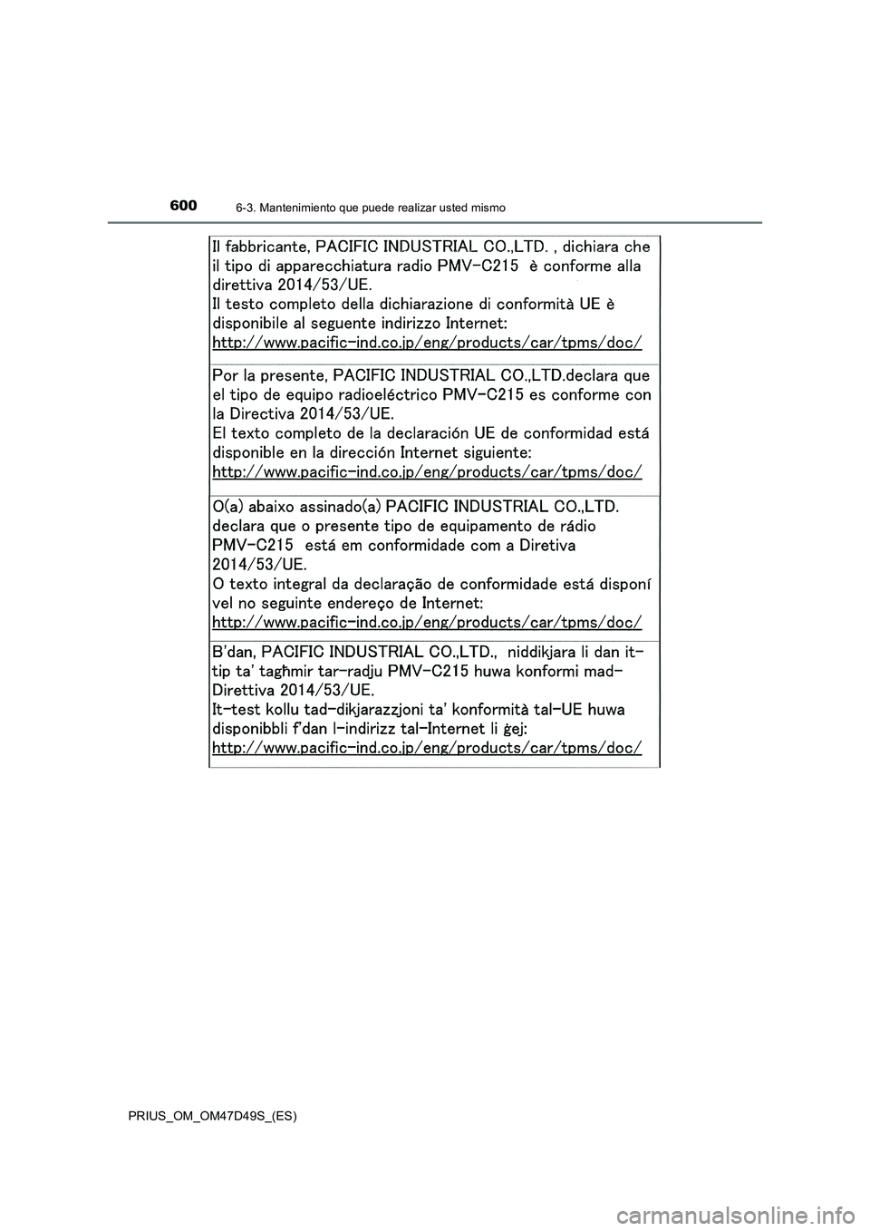 TOYOTA PRIUS 2020  Manual del propietario (in Spanish) 6006-3. Mantenimiento que puede realizar usted mismo
PRIUS_OM_OM47D49S_(ES) 