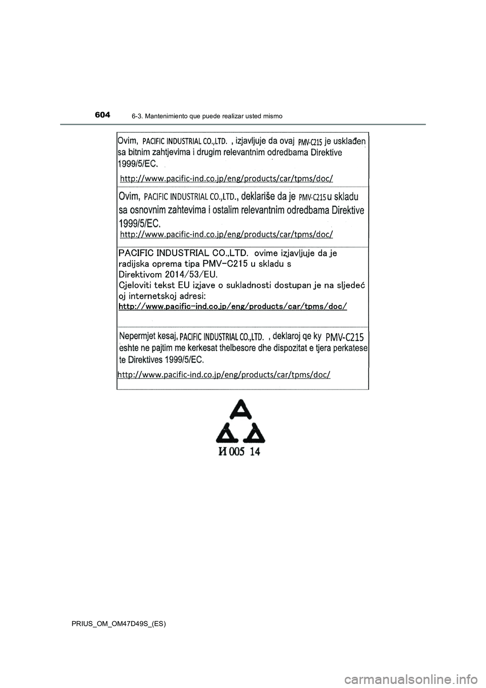 TOYOTA PRIUS 2020  Manual del propietario (in Spanish) 6046-3. Mantenimiento que puede realizar usted mismo
PRIUS_OM_OM47D49S_(ES) 