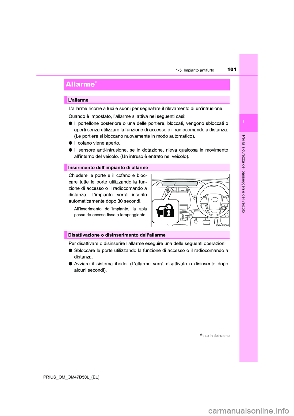 TOYOTA PRIUS 2020 Manuale duso (in Italian) 101
1
1-5. Impianto antifurto
PRIUS_OM_OM47D50L_(EL)
Per la sicurezza dei passeggeri e del veicolo
Allarme
L’allarme ricorre a luci e suoni per segnalare il rilevamento di un’intrusione.
Quand TOYOTA PRIUS 2020 Manuale duso (in Italian) 101
1
1-5. Impianto antifurto
PRIUS_OM_OM47D50L_(EL)
Per la sicurezza dei passeggeri e del veicolo
Allarme
L’allarme ricorre a luci e suoni per segnalare il rilevamento di un’intrusione.
Quand