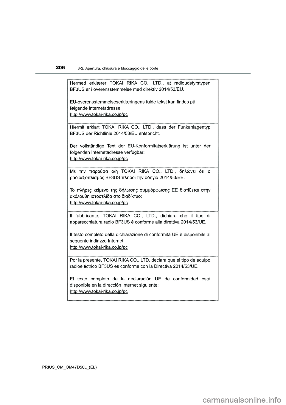TOYOTA PRIUS 2020  Manuale duso (in Italian) 2063-2. Apertura, chiusura e bloccaggio delle porte
PRIUS_OM_OM47D50L_(EL) 