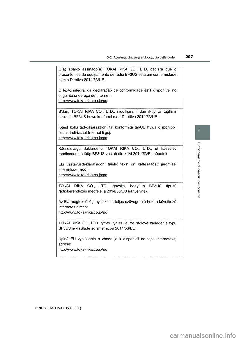 TOYOTA PRIUS 2020  Manuale duso (in Italian) 2073-2. Apertura, chiusura e bloccaggio delle porte
3
Funzionamento di ciascun componente
PRIUS_OM_OM47D50L_(EL) 