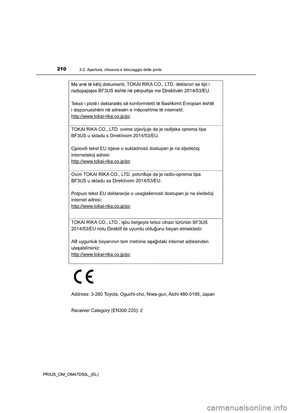 TOYOTA PRIUS 2020  Manuale duso (in Italian) 2103-2. Apertura, chiusura e bloccaggio delle porte
PRIUS_OM_OM47D50L_(EL) 
