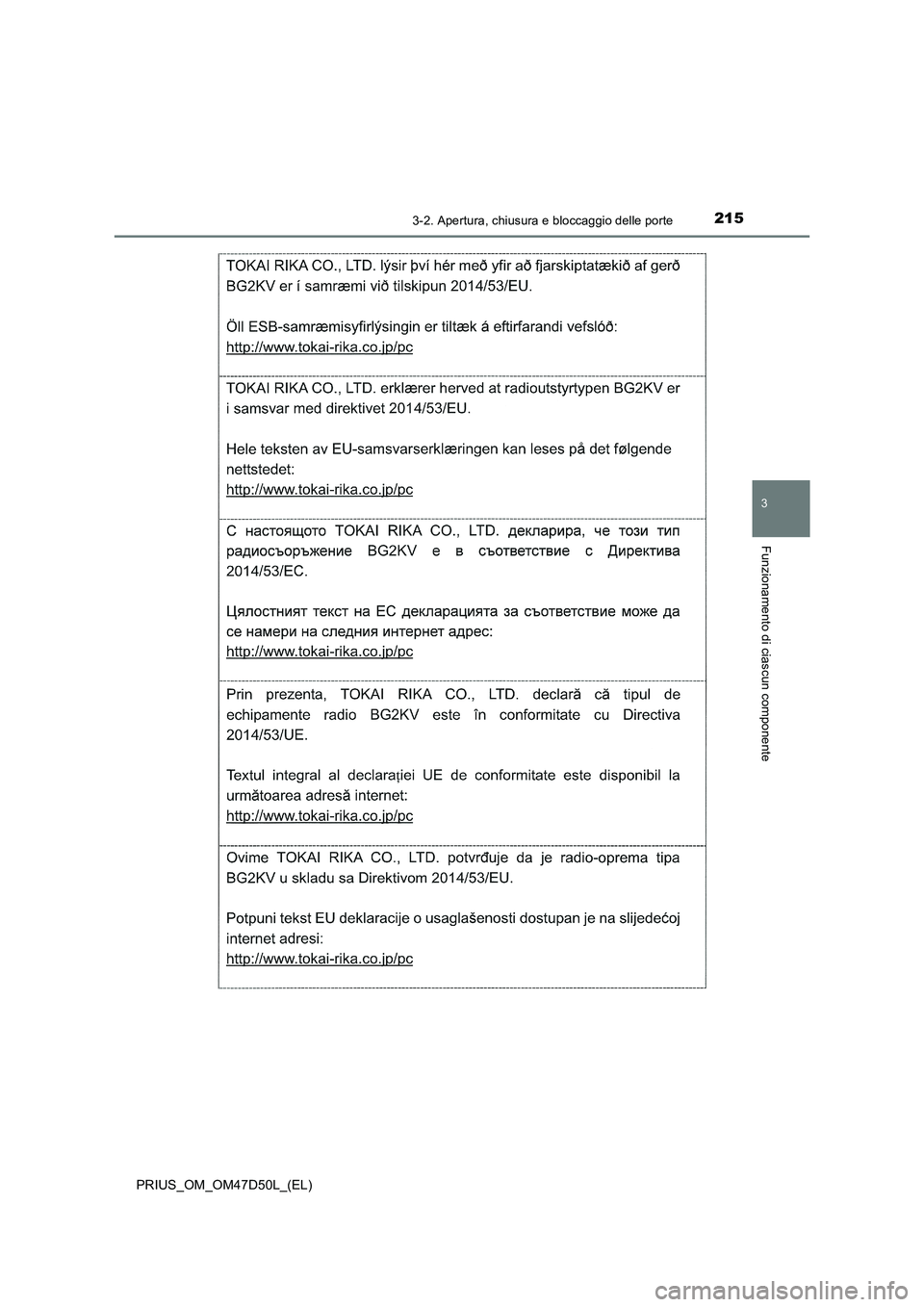 TOYOTA PRIUS 2020  Manuale duso (in Italian) 2153-2. Apertura, chiusura e bloccaggio delle porte
3
Funzionamento di ciascun componente
PRIUS_OM_OM47D50L_(EL) 