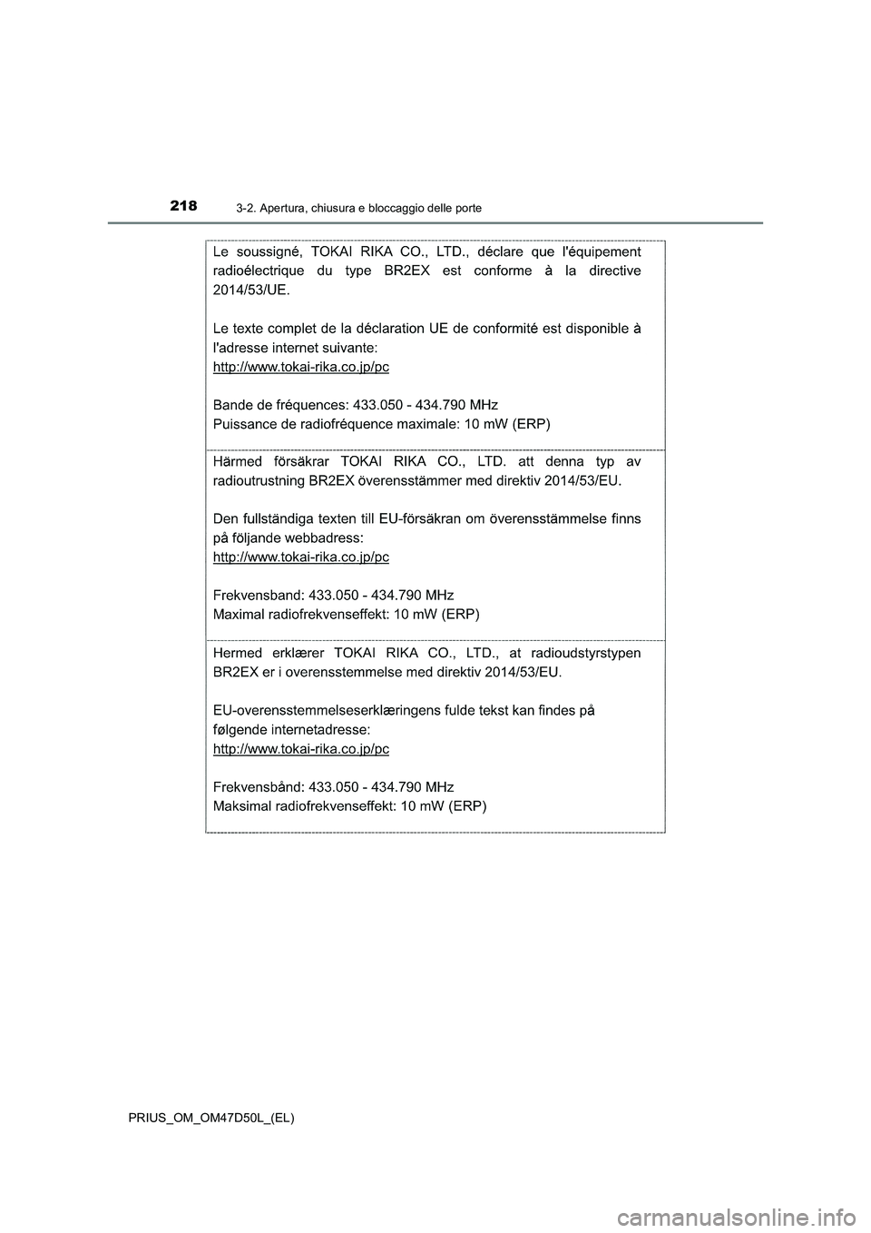 TOYOTA PRIUS 2020  Manuale duso (in Italian) 2183-2. Apertura, chiusura e bloccaggio delle porte
PRIUS_OM_OM47D50L_(EL) 