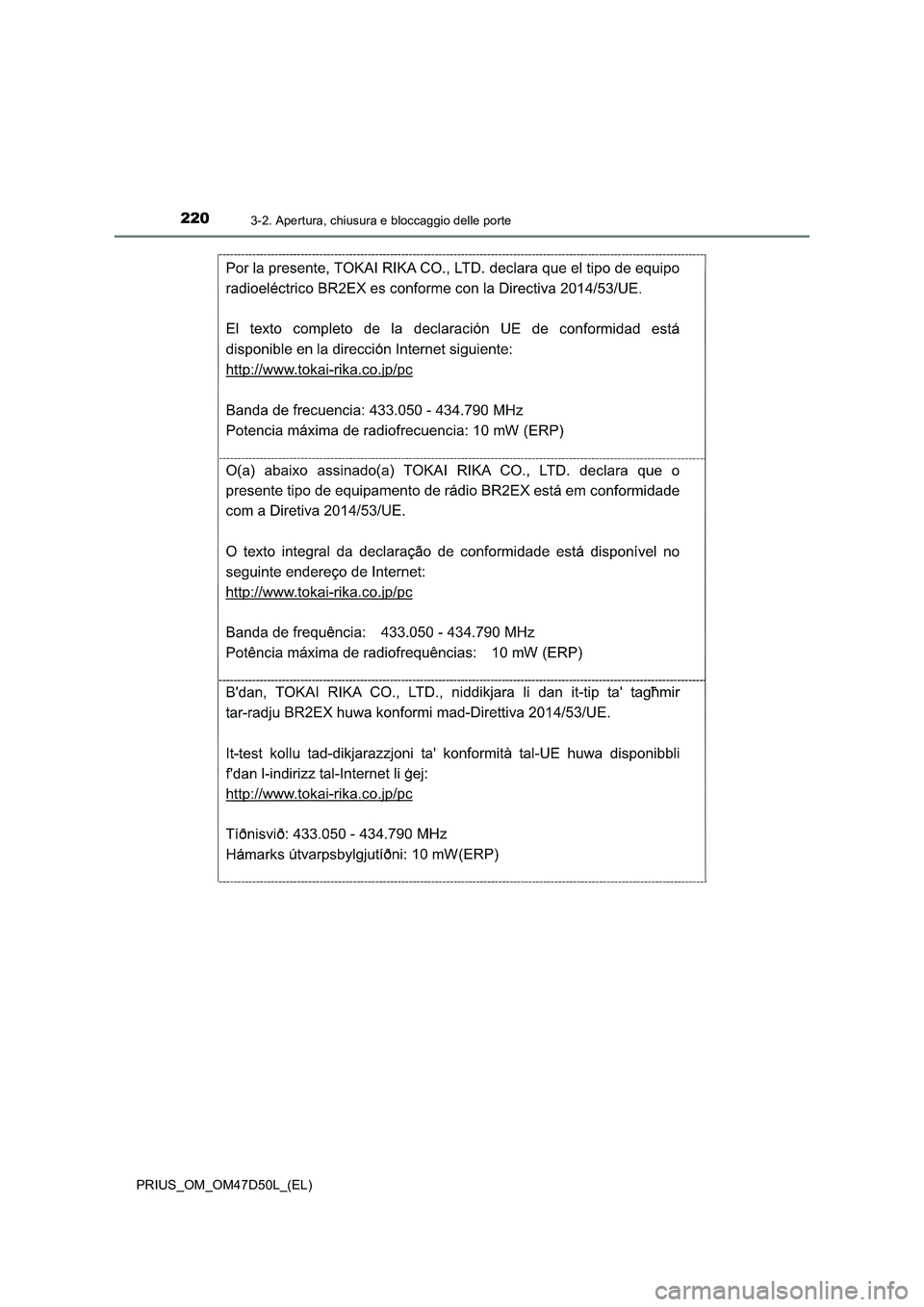 TOYOTA PRIUS 2020  Manuale duso (in Italian) 2203-2. Apertura, chiusura e bloccaggio delle porte
PRIUS_OM_OM47D50L_(EL) 