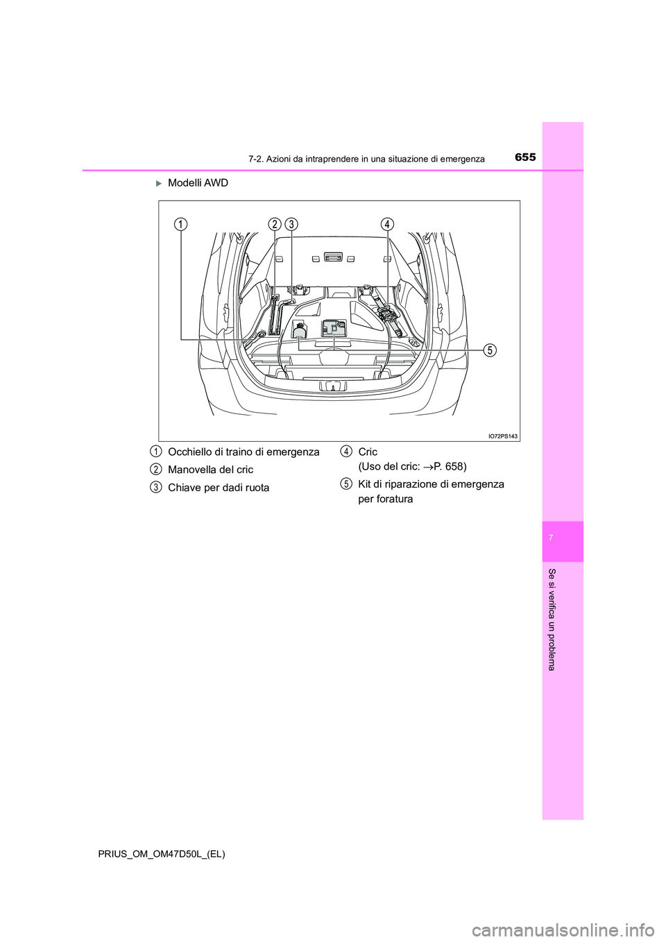 TOYOTA PRIUS 2020  Manuale duso (in Italian) 6557-2. Azioni da intraprendere in una situazione di emergenza
PRIUS_OM_OM47D50L_(EL)
7
Se si verifica un problema
Modelli AWD
Occhiello di traino di emergenza 
Manovella del cric
Chiave per dadi r