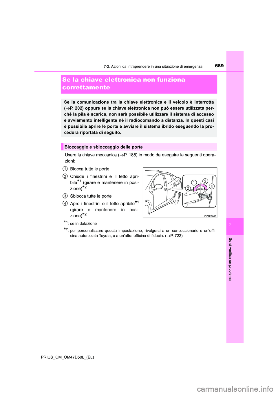 TOYOTA PRIUS 2020 Manuale duso (in Italian) 6897-2. Azioni da intraprendere in una situazione di emergenza
PRIUS_OM_OM47D50L_(EL)
7
Se si verifica un problema
Se la chiave elettronica non funziona
correttamente
Usare la chiave meccanica ( TOYOTA PRIUS 2020 Manuale duso (in Italian) 6897-2. Azioni da intraprendere in una situazione di emergenza
PRIUS_OM_OM47D50L_(EL)
7
Se si verifica un problema
Se la chiave elettronica non funziona
correttamente
Usare la chiave meccanica ( 