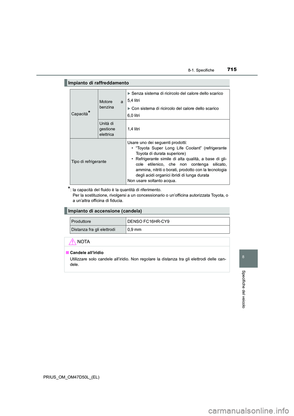 TOYOTA PRIUS 2020 Manuale duso (in Italian) 7158-1. Specifiche
PRIUS_OM_OM47D50L_(EL)
8
Specifiche del veicolo
*: la capacità del fluido è la quantità di riferimento.
Per la sostituzione, rivolgersi a un concessionario o un’officina autor TOYOTA PRIUS 2020 Manuale duso (in Italian) 7158-1. Specifiche
PRIUS_OM_OM47D50L_(EL)
8
Specifiche del veicolo
*: la capacità del fluido è la quantità di riferimento.
Per la sostituzione, rivolgersi a un concessionario o un’officina autor