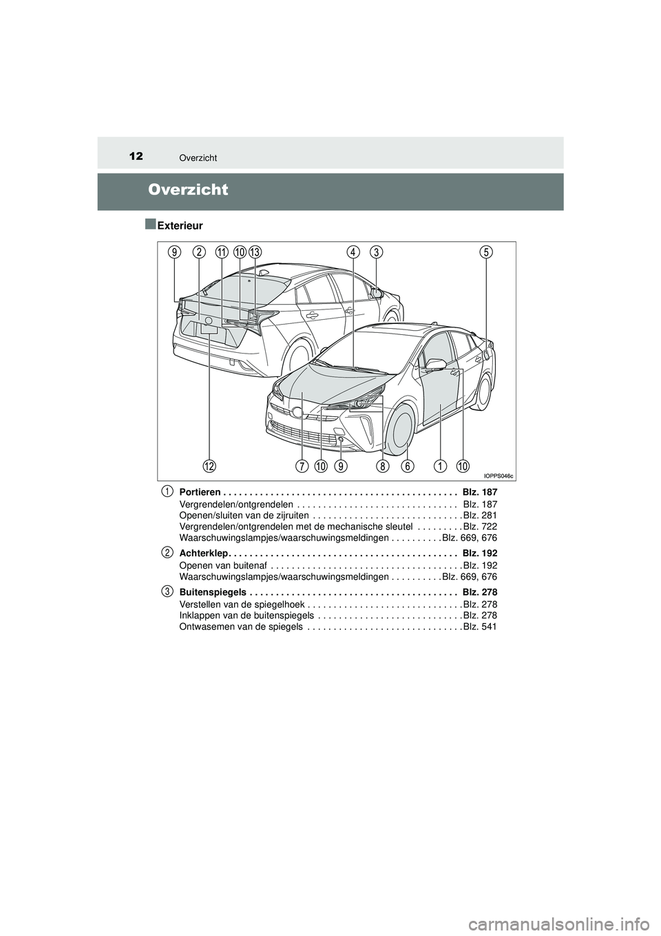 TOYOTA PRIUS 2020  Instructieboekje (in Dutch) 12Overzicht
PRIUS_OM_OM47D94E_(EE)
Overzicht
■
Exterieur
Portieren . . . . . . . . . . . . . . . . . . . . . . . . . . . . . . . . . . . . . . . . . . . . .  Blz. 187
Vergrendelen/ontgrendelen  . . 