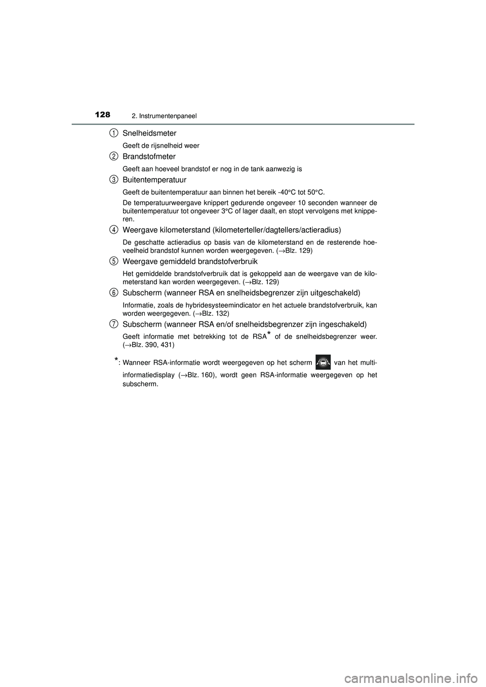 TOYOTA PRIUS 2020 Instructieboekje (in Dutch) 1282. Instrumentenpaneel
PRIUS_OM_OM47D94E_(EE)
Snelheidsmeter
Geeft de rijsnelheid weer
Brandstofmeter
Geeft aan hoeveel brandstof er nog in de tank aanwezig is
Buitentemperatuur
Geeft de buitentempe TOYOTA PRIUS 2020 Instructieboekje (in Dutch) 1282. Instrumentenpaneel
PRIUS_OM_OM47D94E_(EE)
Snelheidsmeter
Geeft de rijsnelheid weer
Brandstofmeter
Geeft aan hoeveel brandstof er nog in de tank aanwezig is
Buitentemperatuur
Geeft de buitentempe