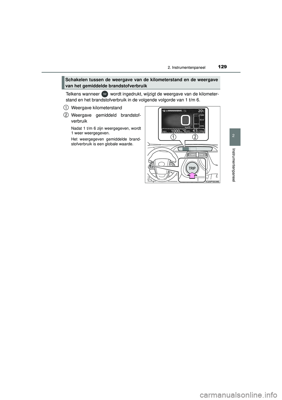 TOYOTA PRIUS 2020  Instructieboekje (in Dutch) 1292. Instrumentenpaneel
2
Instrumentenpaneel
PRIUS_OM_OM47D94E_(EE)
Telkens wanneer   wordt ingedrukt, wijzigt de weergave van de kilometer-
stand en het brandstofverbruik in de volgende volgorde van