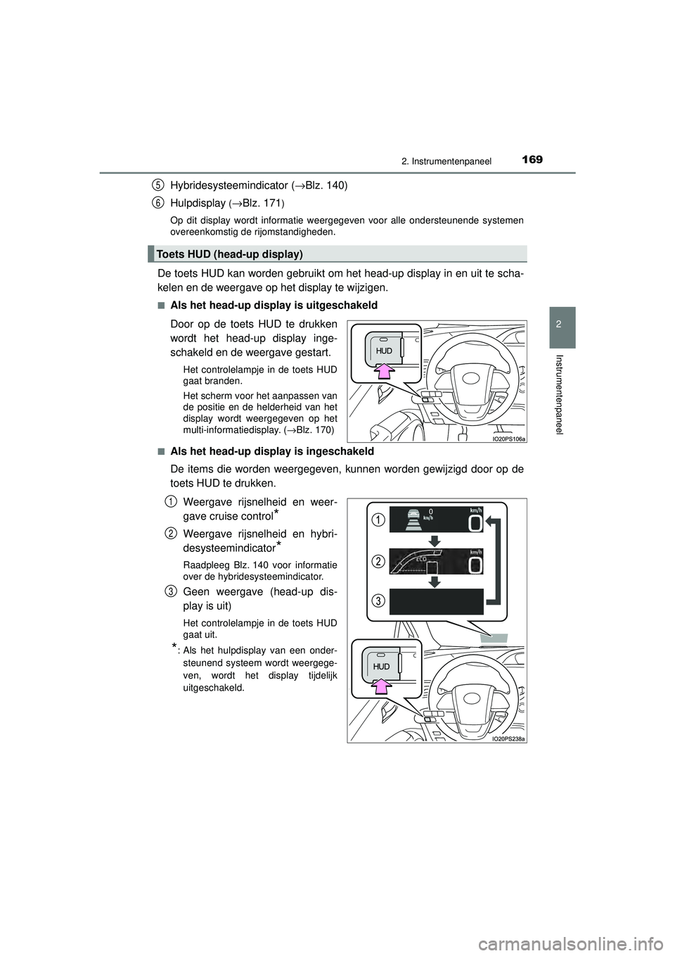 TOYOTA PRIUS 2020  Instructieboekje (in Dutch) 1692. Instrumentenpaneel
2
Instrumentenpaneel
PRIUS_OM_OM47D94E_(EE)
Hybridesysteemindicator (→Blz. 140)
Hulpdisplay
 (→Blz. 171)
Op dit display wordt informatie weergegeven voor alle ondersteunen