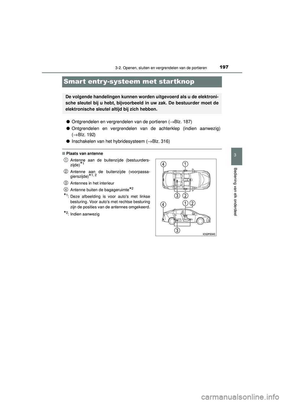 TOYOTA PRIUS 2020  Instructieboekje (in Dutch) 197
3
3-2. Openen, sluiten en vergrendelen van de portieren
Bediening van elk onderdeel
PRIUS_OM_OM47D94E_(EE)
Smart entr y-systeem met startknop
●Ontgrendelen en vergrendelen van de portieren ( →