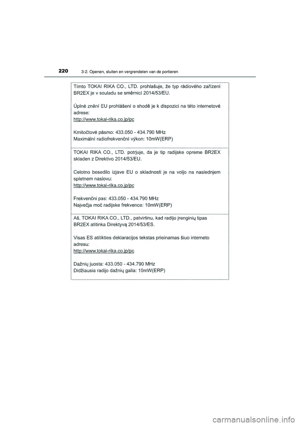 TOYOTA PRIUS 2020  Instructieboekje (in Dutch) 2203-2. Openen, sluiten en vergrendelen van de portieren
PRIUS_OM_OM47D94E_(EE)
PRIUS_OM_OM47D94E_(EE).book  Page 220  Monday, February 3, 2020  9:55 AM 