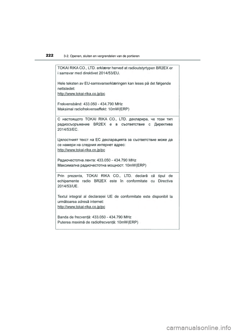 TOYOTA PRIUS 2020  Instructieboekje (in Dutch) 2223-2. Openen, sluiten en vergrendelen van de portieren
PRIUS_OM_OM47D94E_(EE)
PRIUS_OM_OM47D94E_(EE).book  Page 222  Monday, February 3, 2020  9:55 AM 