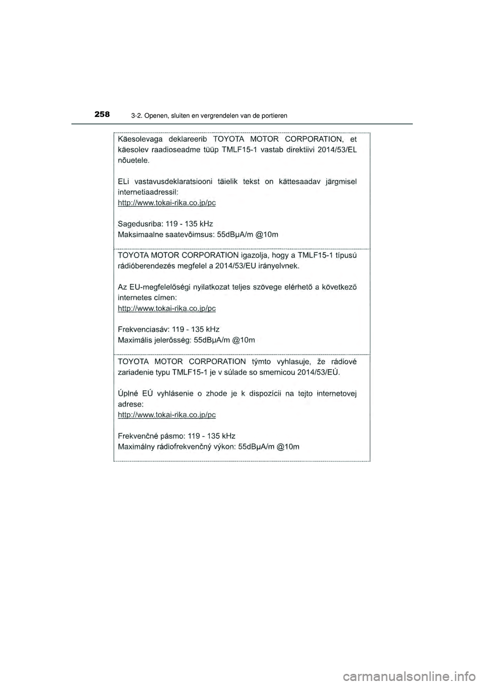TOYOTA PRIUS 2020  Instructieboekje (in Dutch) 2583-2. Openen, sluiten en vergrendelen van de portieren
PRIUS_OM_OM47D94E_(EE)
PRIUS_OM_OM47D94E_(EE).book  Page 258  Monday, February 3, 2020  9:55 AM 