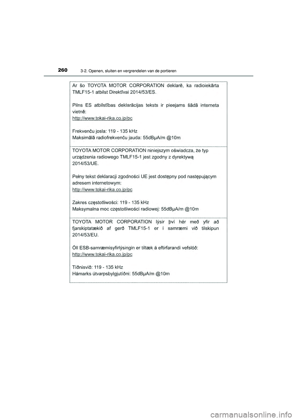 TOYOTA PRIUS 2020  Instructieboekje (in Dutch) 2603-2. Openen, sluiten en vergrendelen van de portieren
PRIUS_OM_OM47D94E_(EE)
PRIUS_OM_OM47D94E_(EE).book  Page 260  Monday, February 3, 2020  9:55 AM 