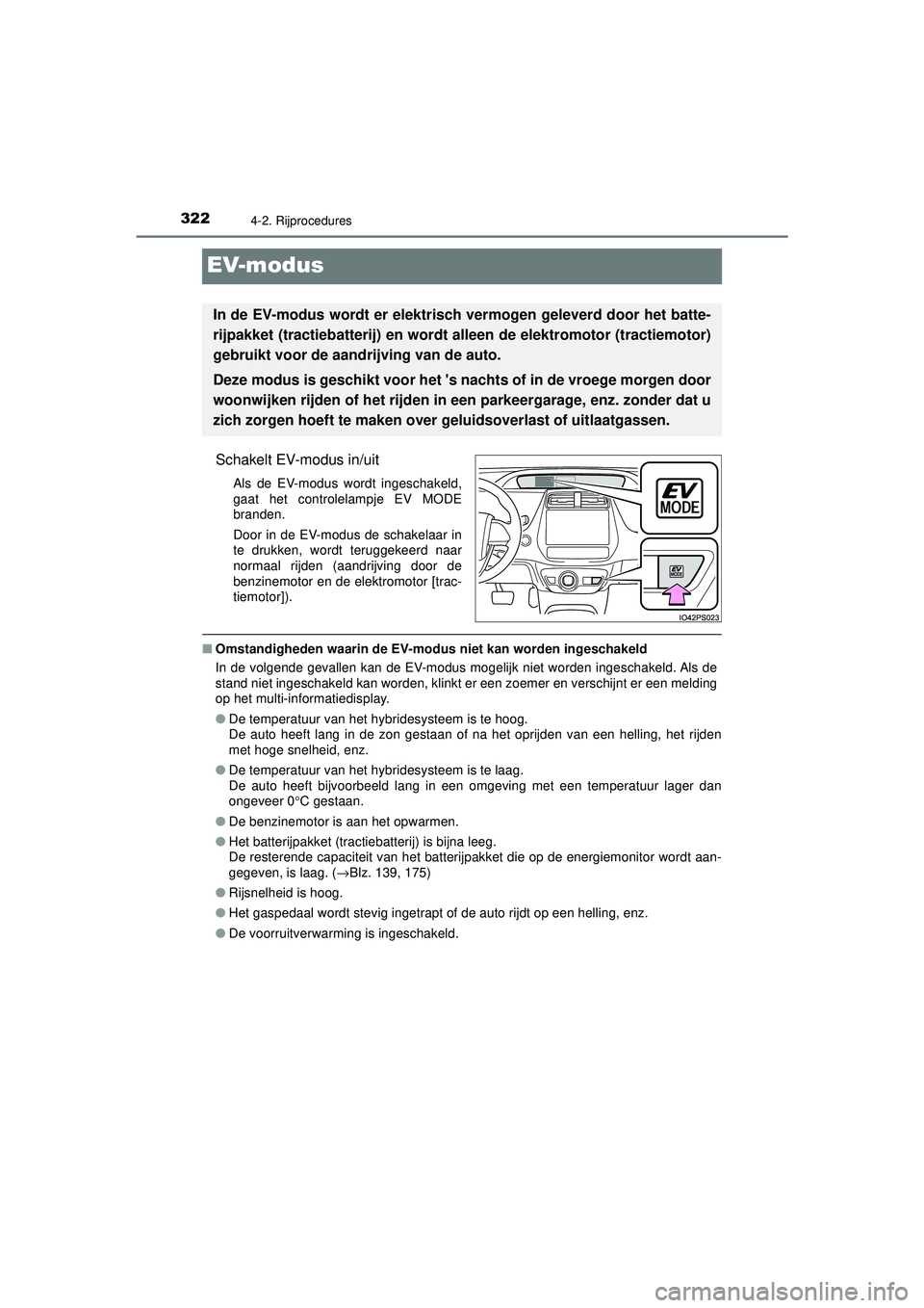 TOYOTA PRIUS 2020  Instructieboekje (in Dutch) 3224-2. Rijprocedures
PRIUS_OM_OM47D94E_(EE)
EV-modus
Schakelt EV-modus in/uit
Als de EV-modus wordt ingeschakeld,
gaat het controlelampje EV MODE
branden.
Door in de EV-modus de schakelaar in
te druk